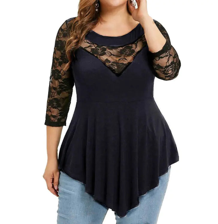 Spring Plus Size Floral Lace Top with Sheer Hem