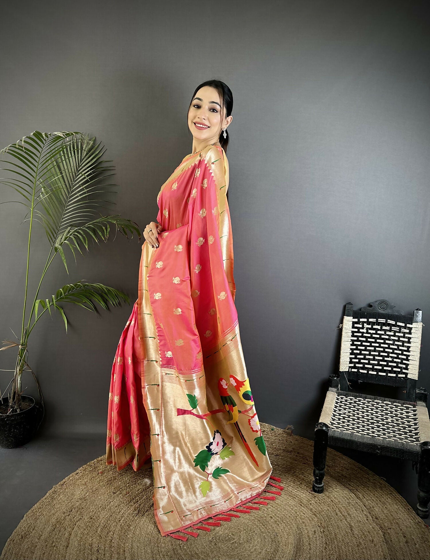 Peach Soft Silk Kanchipuram Saree with Peacock & Floral Motifs