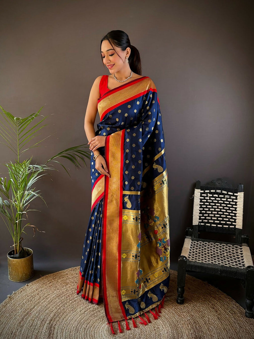 Red Kanchipuram soft silk saree with gold butti details and unstitched blouse