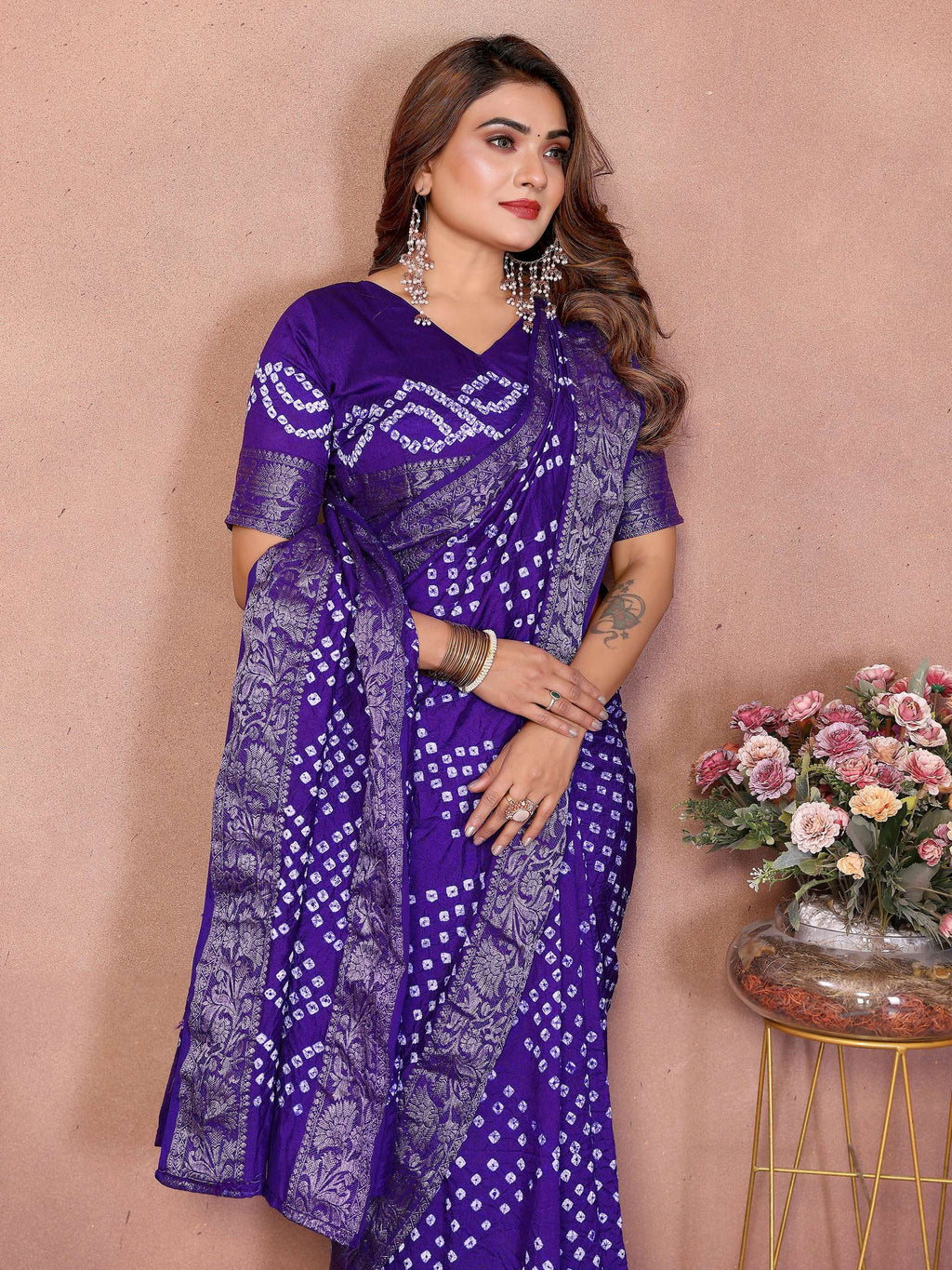 Purple Pure Dola Silk Handmade Original Bandhej Saree