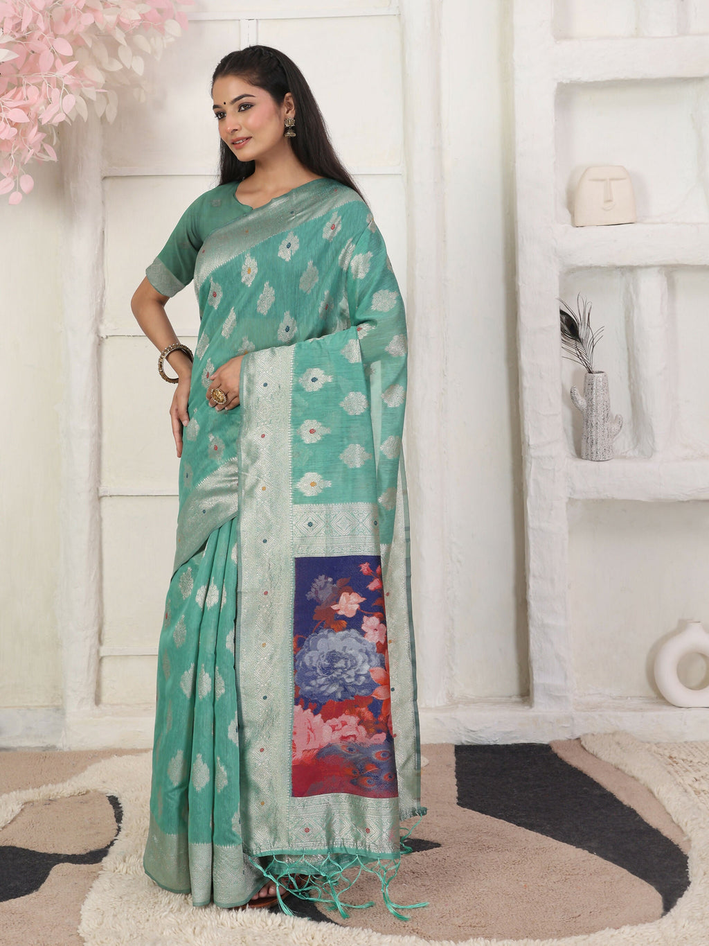 Rama Green Linen Cotton Saree with Matching Blouse