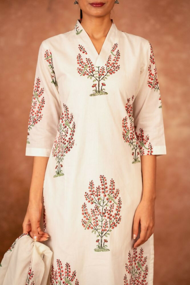 Off White Pink Hand Block Printed Cotton Suit Set