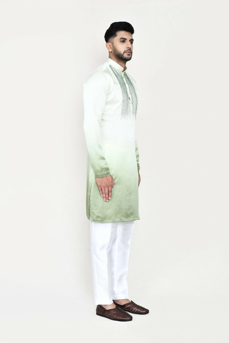 Green Satin Silk Kurta and Straight Fit Pant Set
