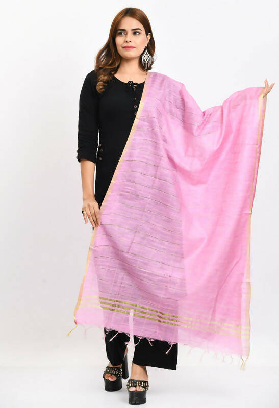 Baby pink cotton slub dupatta with self-zari box pattern for girls