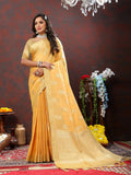 Gold cotton saree with zari woven pattern and silk blouse