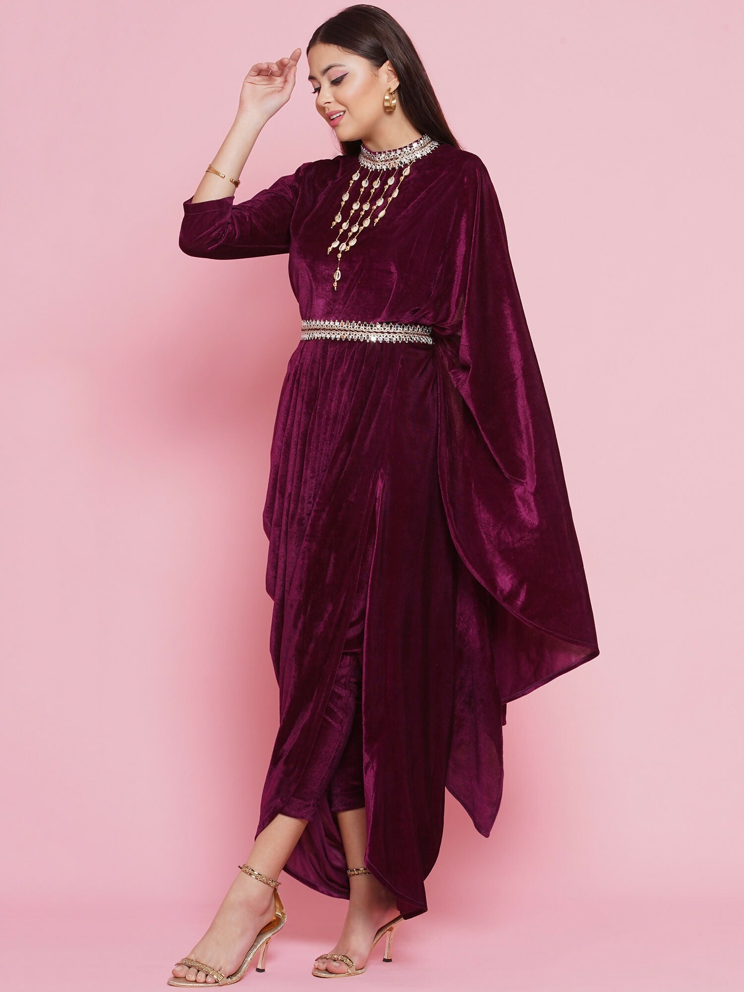 Wine Velvet Drape Kurta and Pant Set - Sophisticated Evening Wear