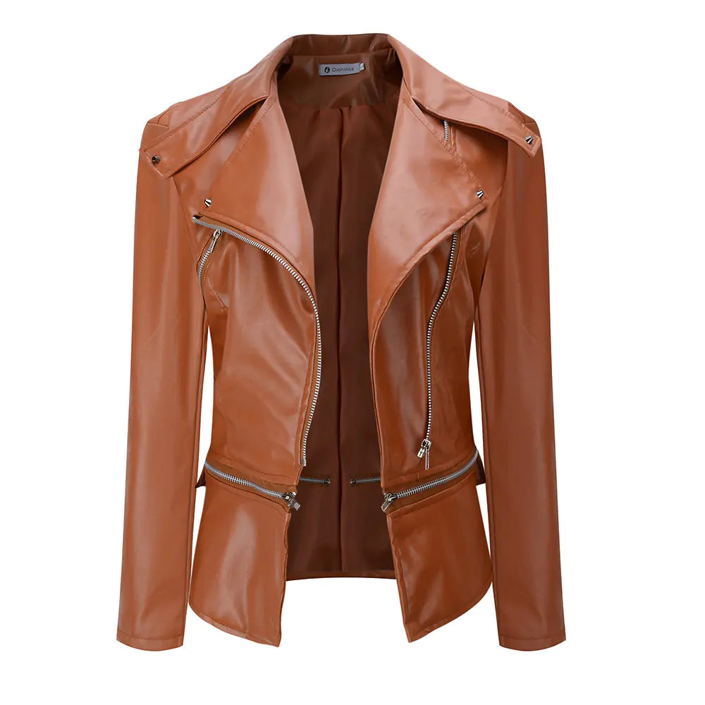 Women's Fitted Faux Leather Motorcycle Jacket with Zip Details - Image 2