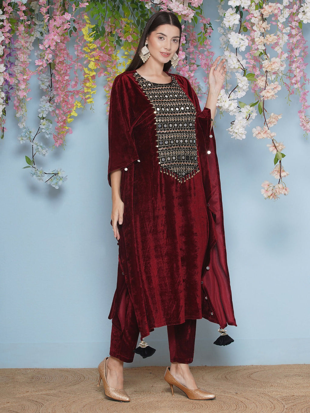 Maroon Velvet Hand Embellished Kaftaan Set - Luxury Ethnic Wear