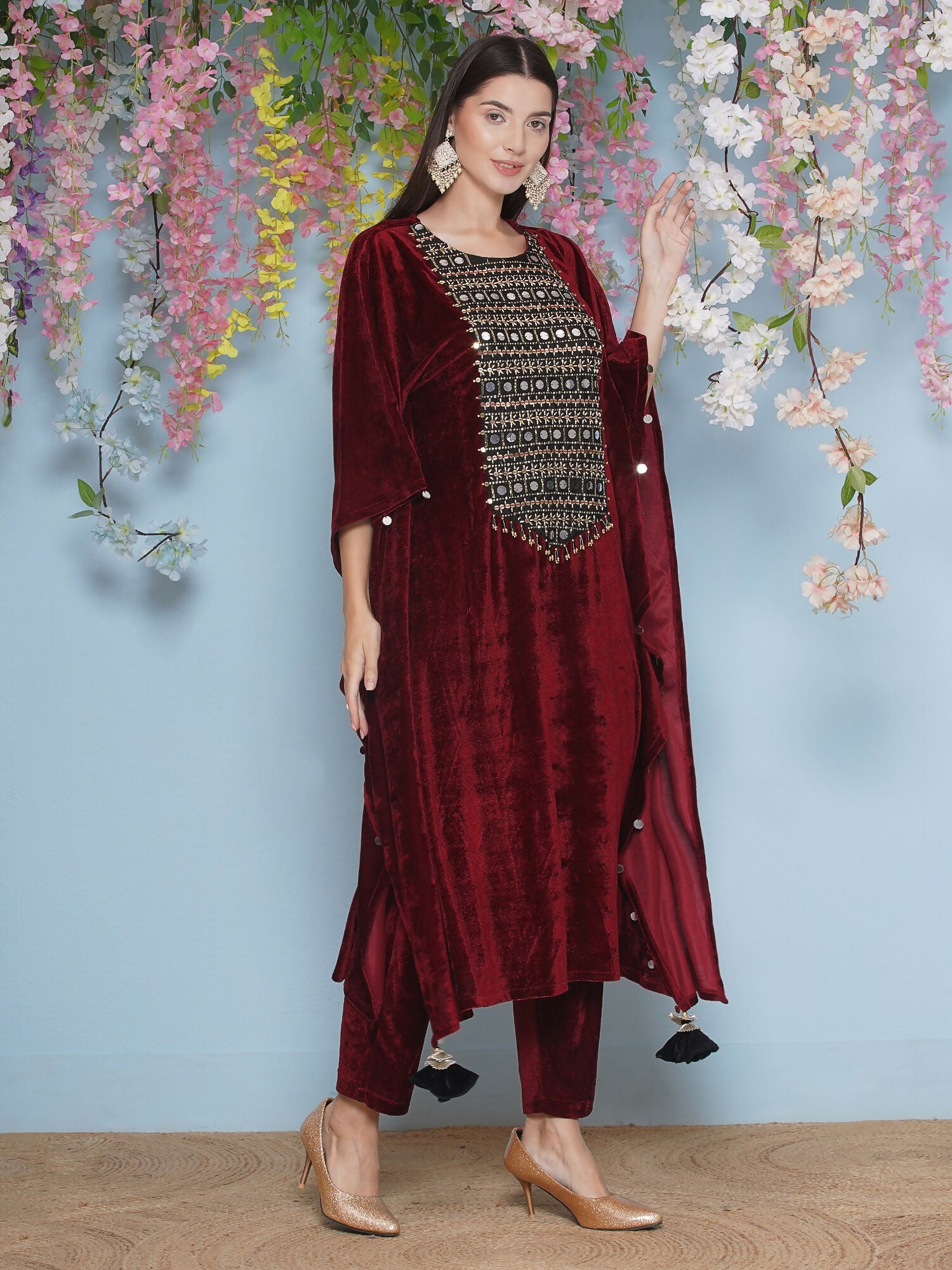 Maroon Velvet Hand Embellished Kaftaan Set - Luxury Ethnic Wear