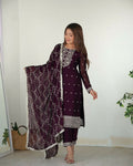 Elegant wine-colored silk kurta set featuring detailed sequence embroidery work
