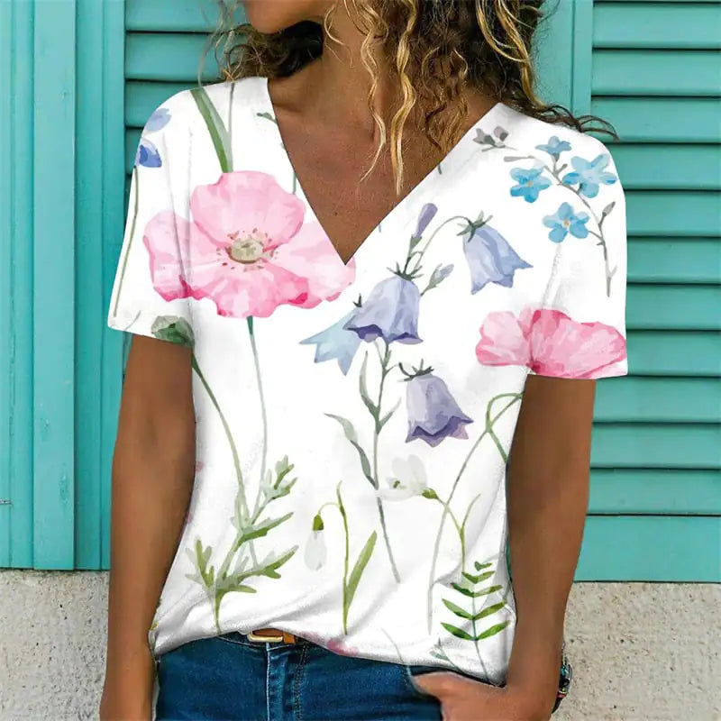Women's V-Neck Casual Floral Print Short Sleeve T-Shirt - Image 41