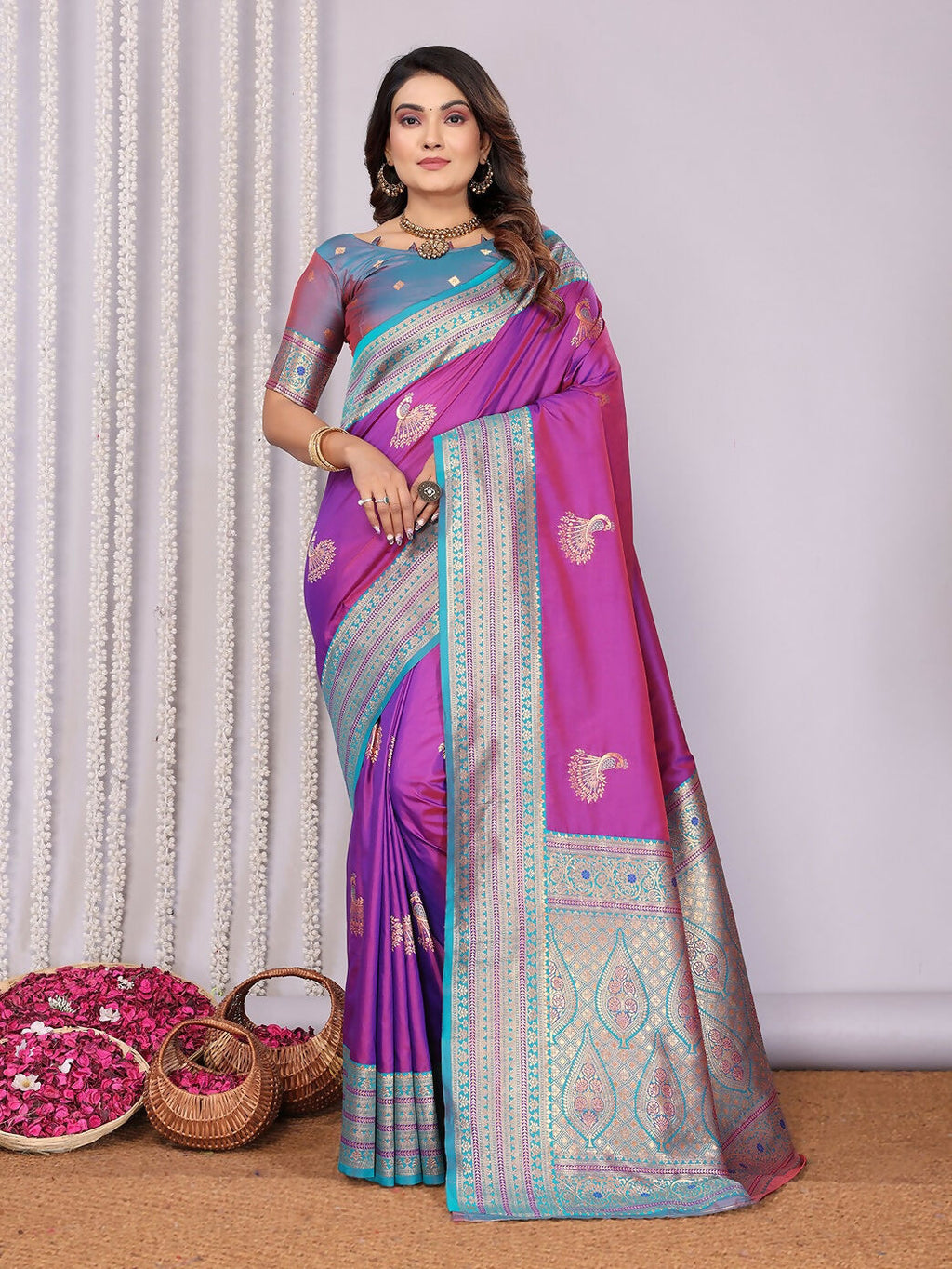 Vibrant pink Banarasi soft silk saree with intricate small butti motifs and matching blouse fabric