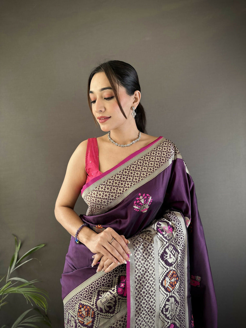 Wine Elephant & Floral Motif Soft Lichi Silk Banarasi Saree