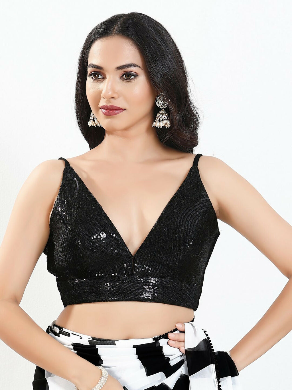 Black Sequin Padded Sleeveless V-Neck Blouse