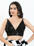 Black Sequin Padded Sleeveless V-Neck Blouse