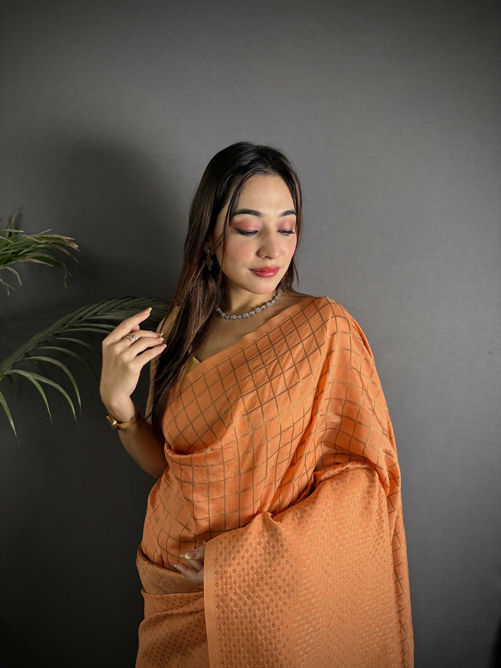Orange Banarasi Soft Lichi Silk Saree with Woven Checks
