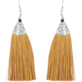 Gold tone fringe tassel earrings hanging for formal party attire