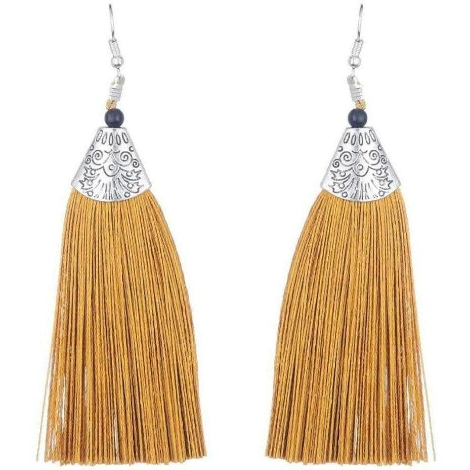 Gold tone fringe tassel earrings hanging for formal party attire