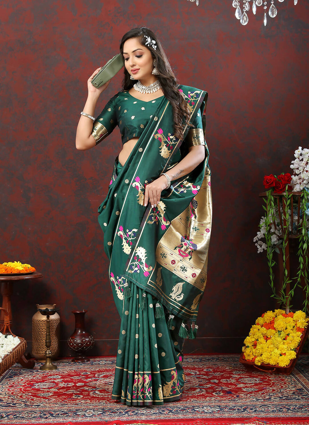 Green Soft Paithani Silk Saree with Gold Zari Meenakari Weaving