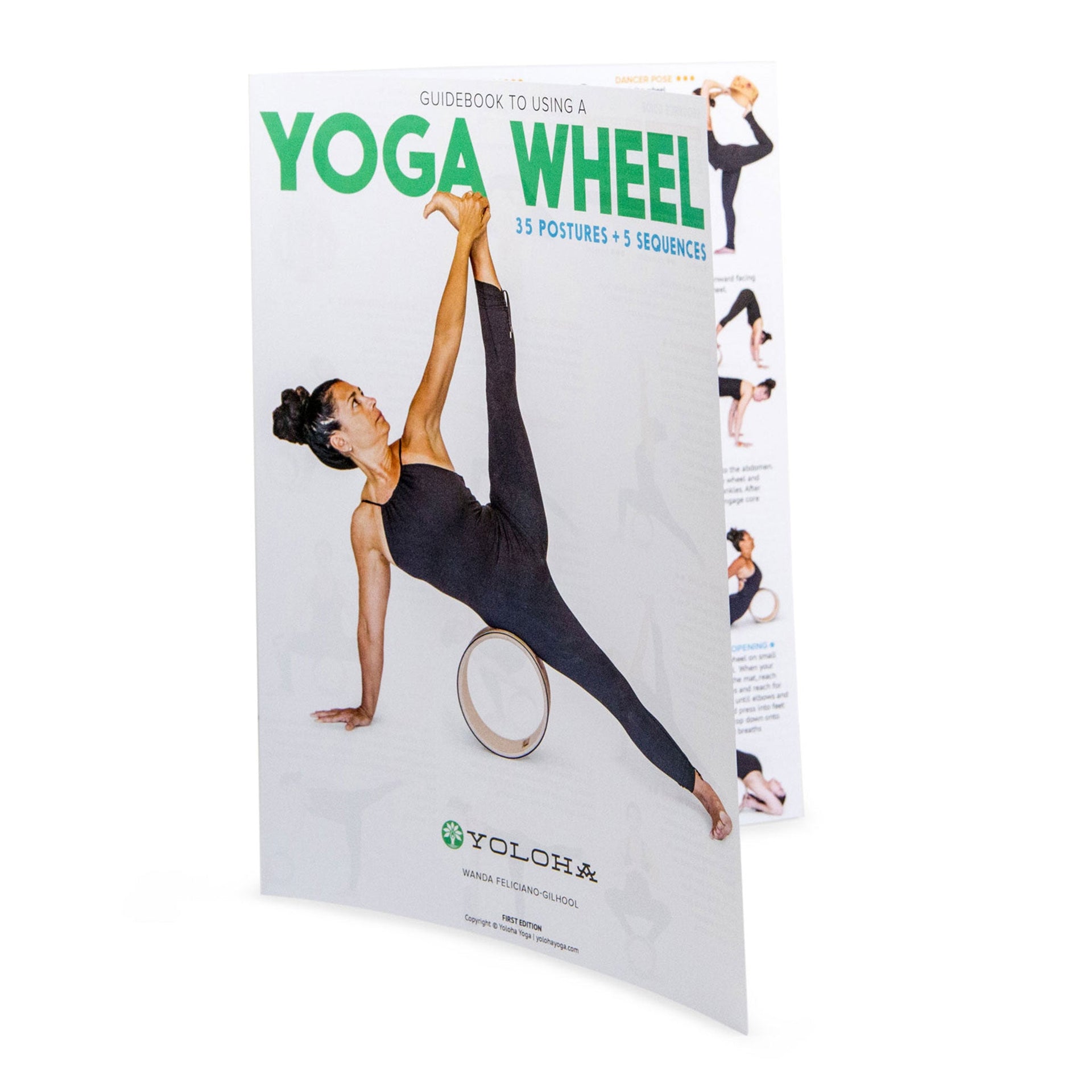 Minimalist white and green Yoga Wheel Guidebook showing yoga pose photography