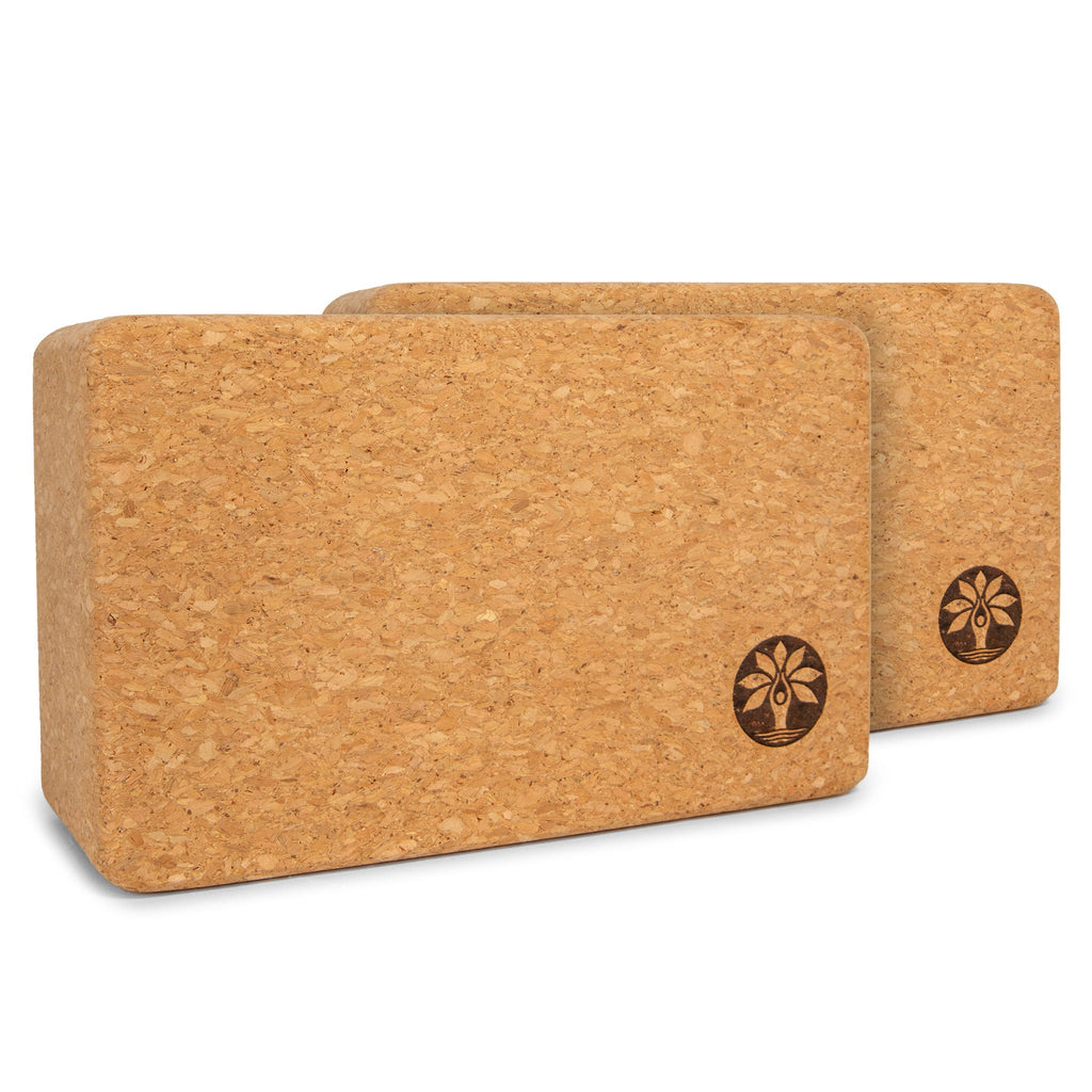 Set of two minimalist natural cork yoga blocks displayed in a bright, modern room