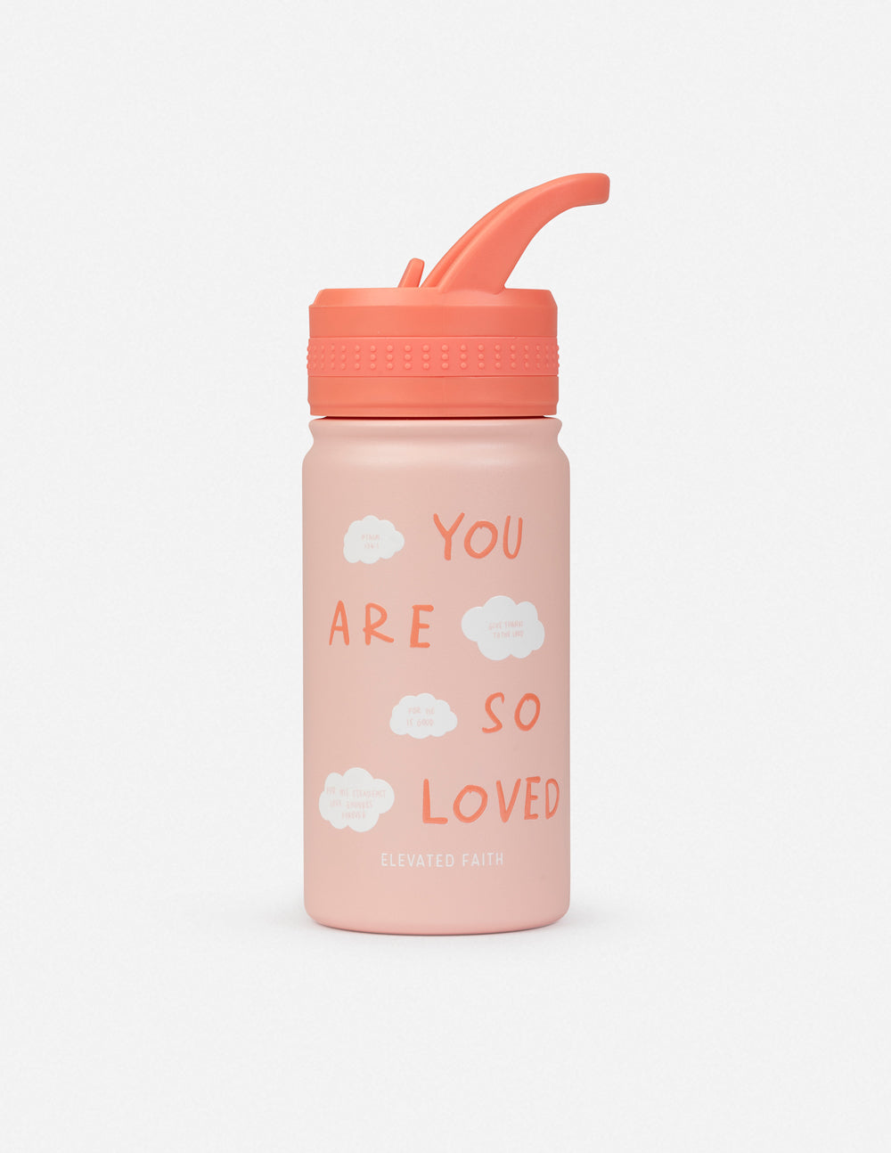 Pink and orange You Are So Loved stainless steel water bottle for kids with faith-based text.