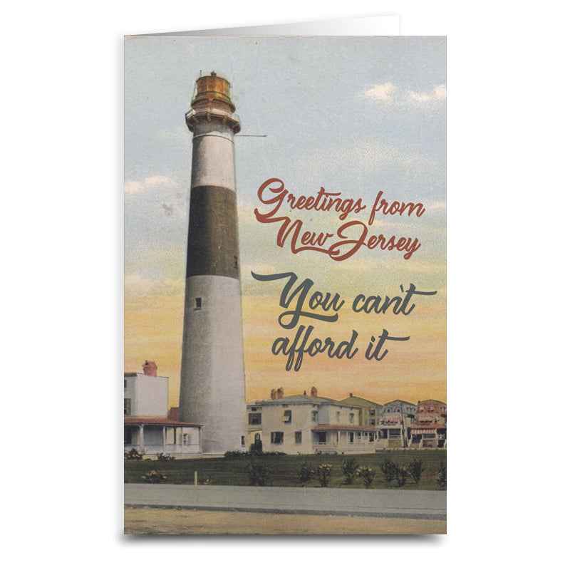 Vintage style greeting card featuring the text You Can't Afford It in white, blue, and yellow