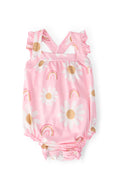 Baby girl ruffle romper in pink with daisy and rainbow print featuring criss-cross back and snap closures