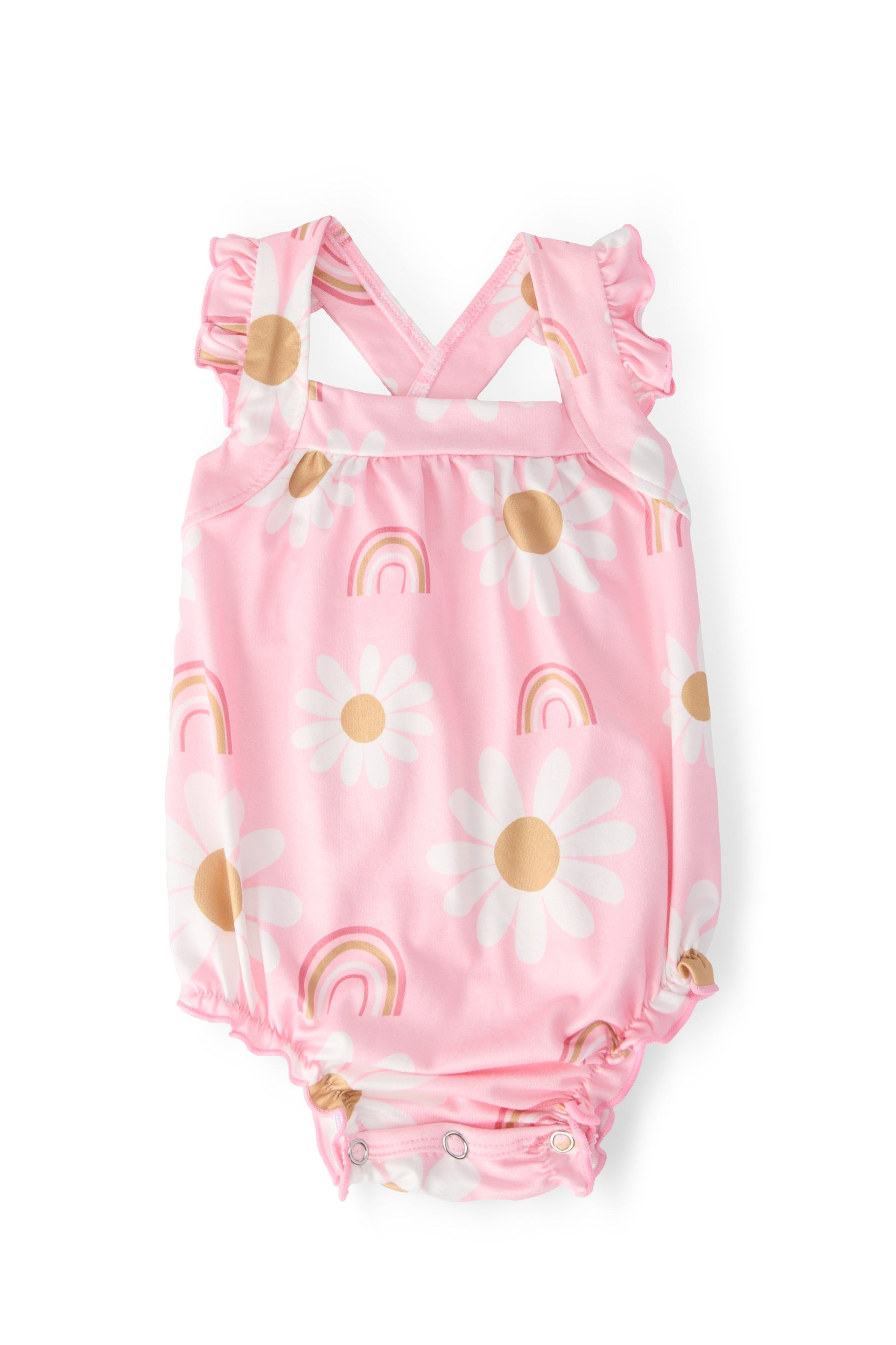 Baby girl ruffle romper in pink with daisy and rainbow print featuring criss-cross back and snap closures