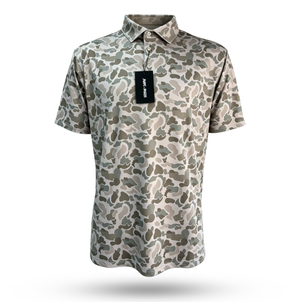 Back 9 Camo golf polo in olive-green and taupe pattern for men.
