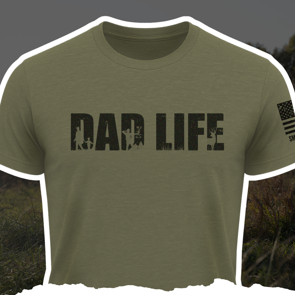 Men's olive green Dad Life hunting t-shirt with American flag graphic on the sleeve