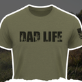 Men's olive green Dad Life hunting t-shirt with American flag graphic on the sleeve