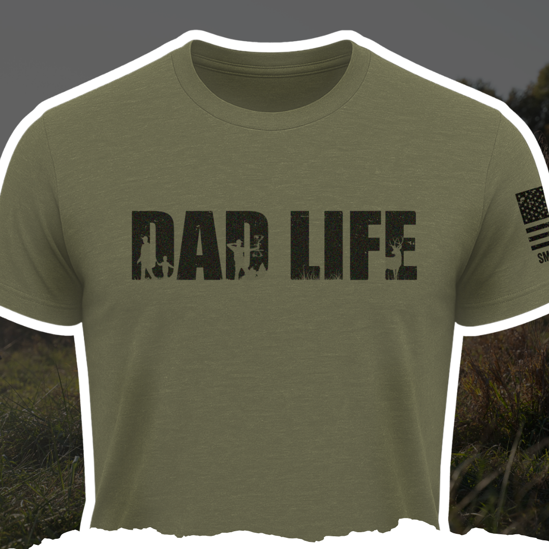 Men's olive green Dad Life hunting t-shirt with American flag graphic on the sleeve