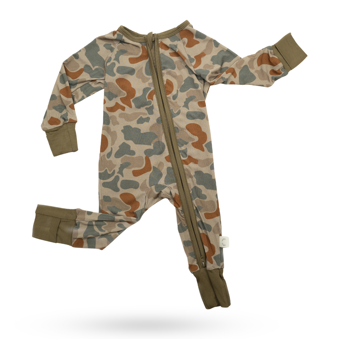 Camo Outdoorsy Baby Zippy in Olive Green, Tan, and Rust Brown