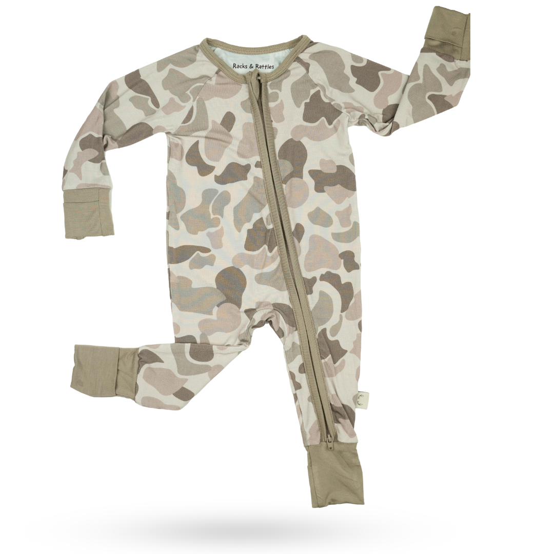 Modern Camo Knit Baby Zippy in Beige, Olive Green, and Taupe