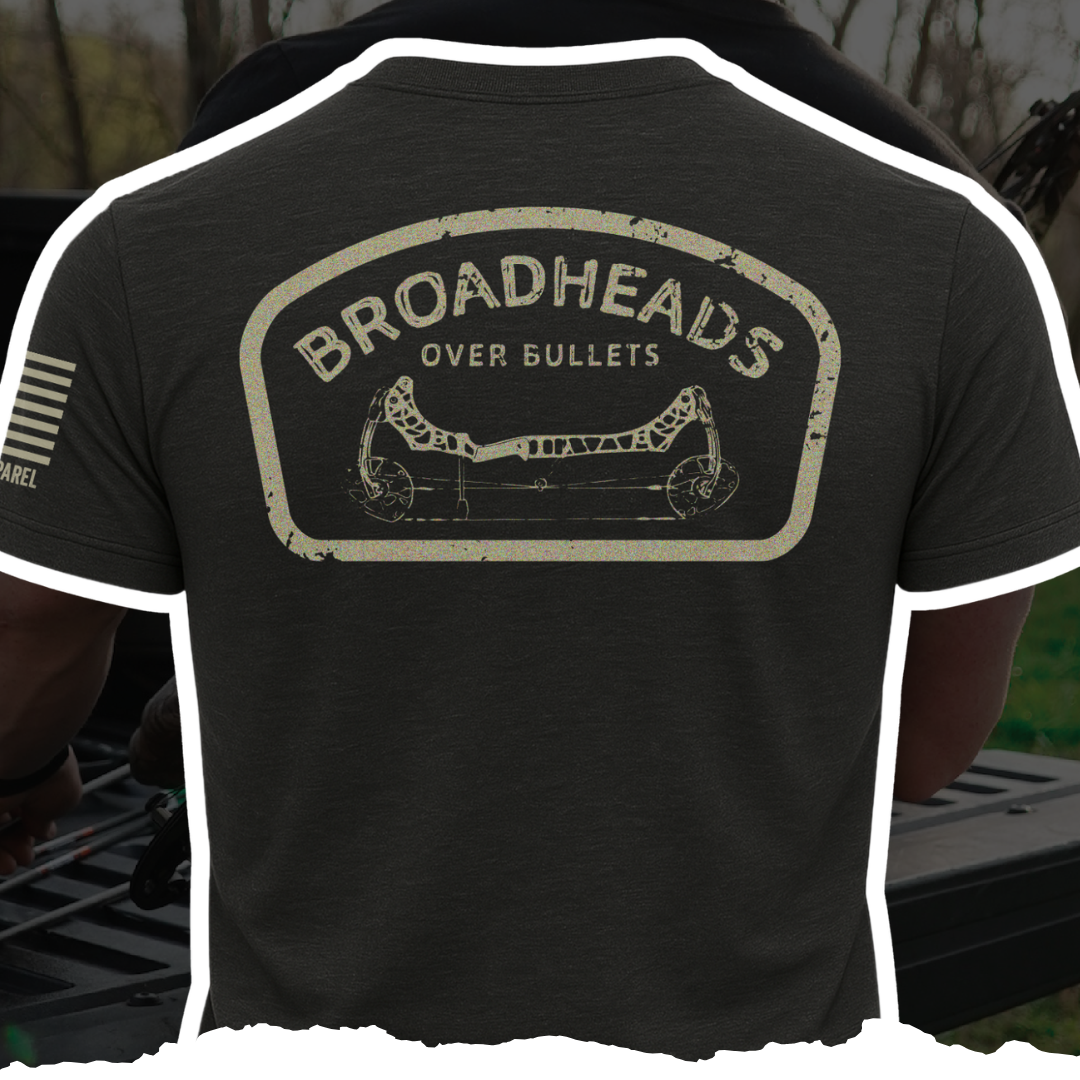 Black Broadheads Over Bullets graphic t-shirt featuring bow hunting lifestyle apparel design