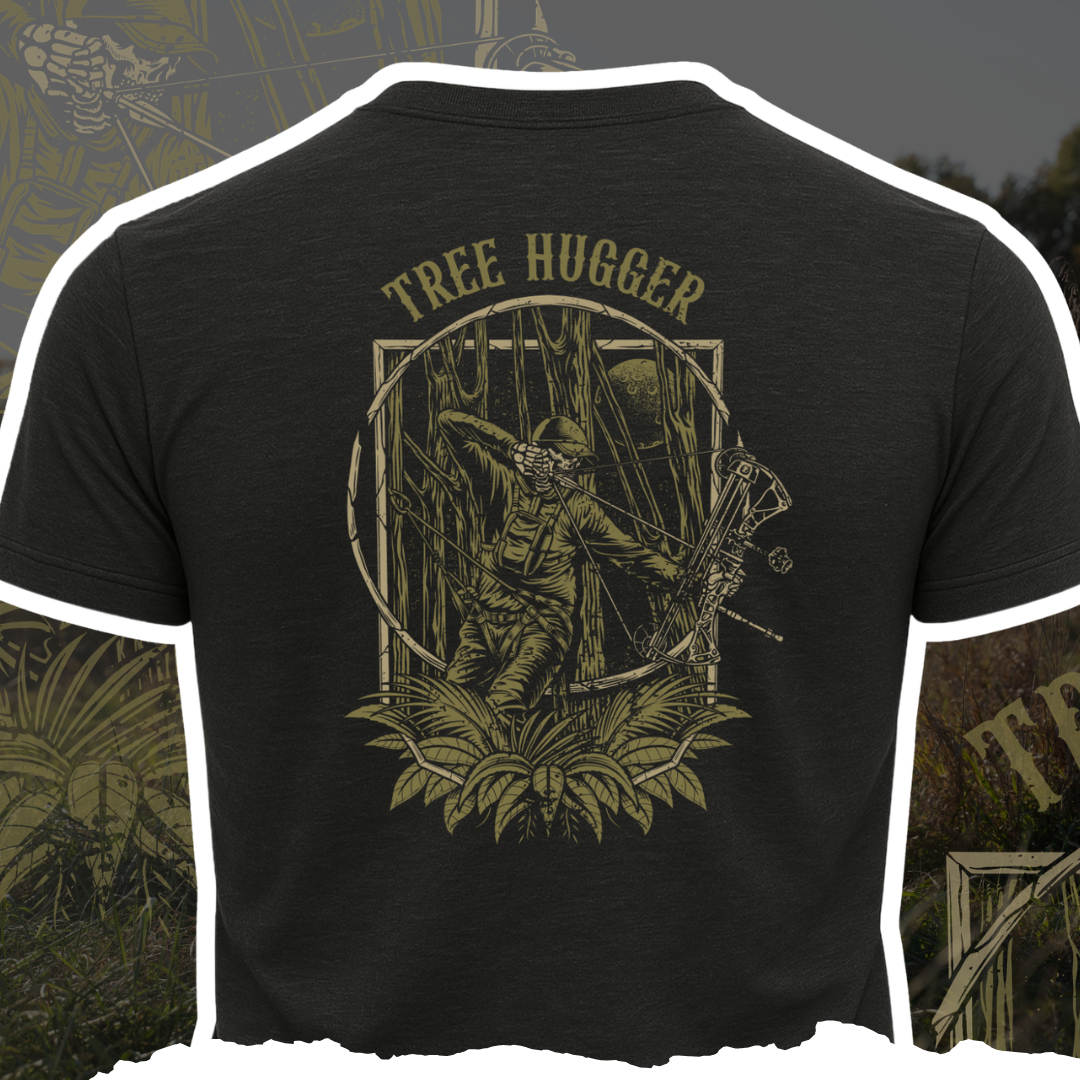 Unisex Tree Hugger graphic t-shirt by Smoked 'em Apparel in black and olive green