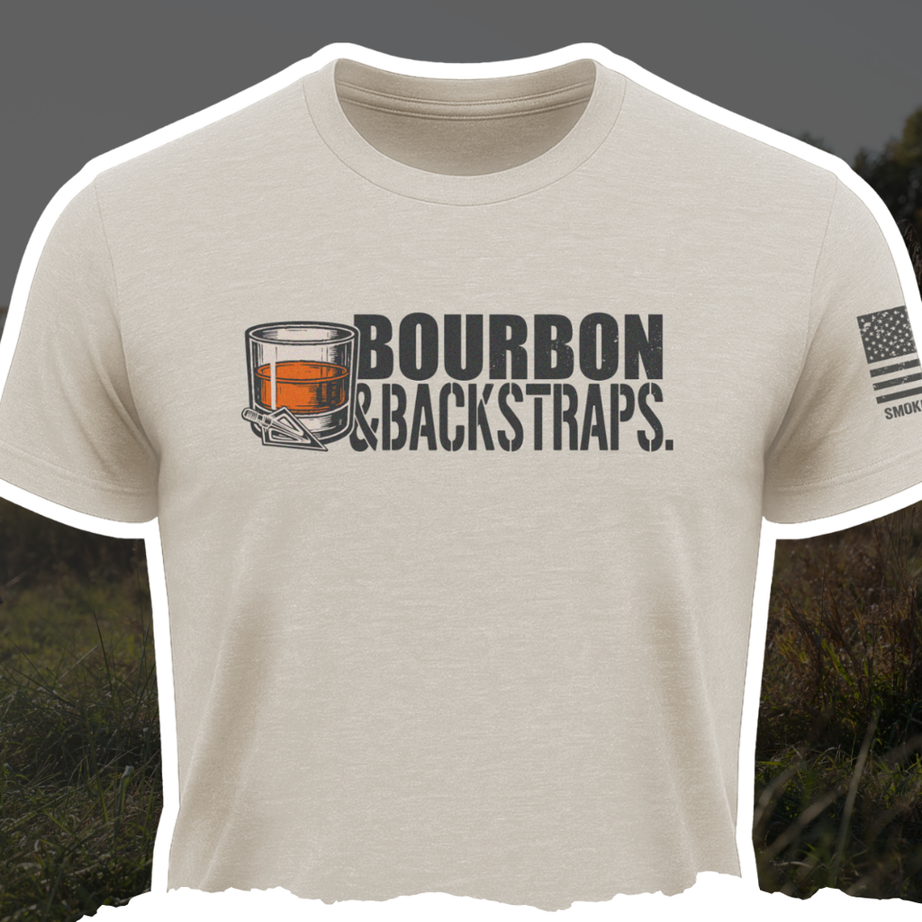 Sand colored Bourbon & Backstraps unisex graphic tee from Smoked 'Em Apparel