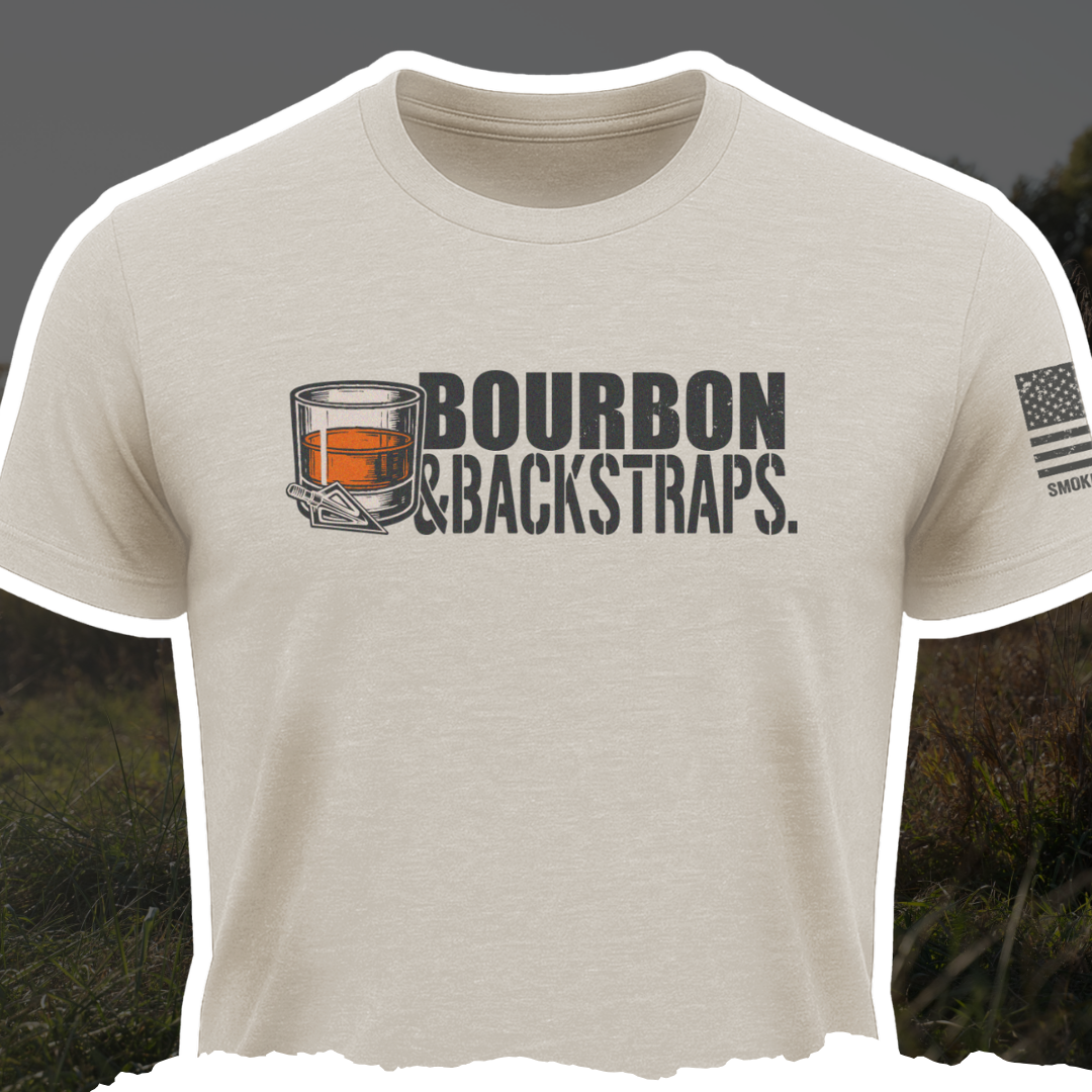 Sand colored Bourbon & Backstraps unisex graphic tee from Smoked 'Em Apparel