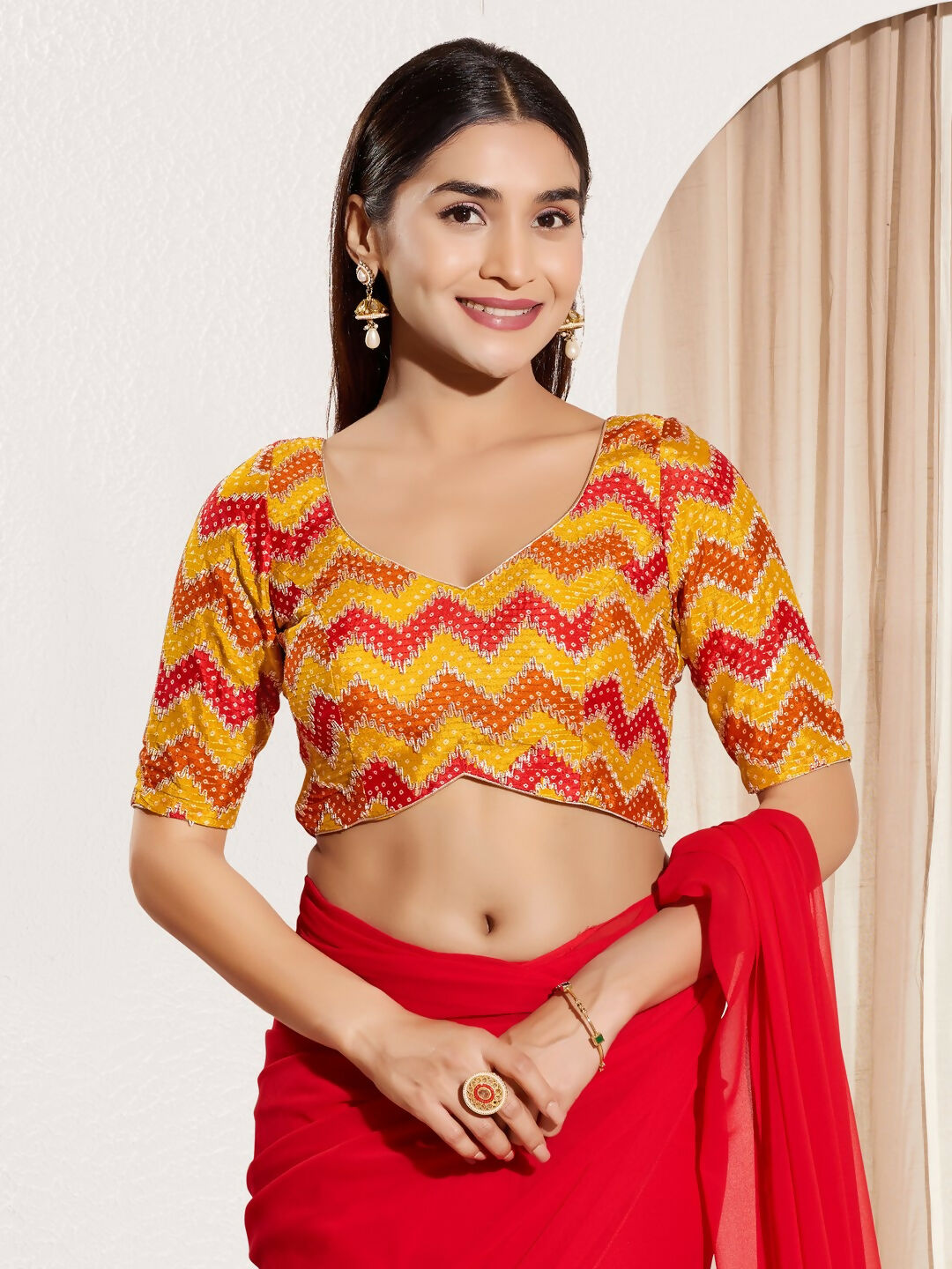 Joban Fashion Yellow Chiffon Padded Blouse With Square Neck Elbow Sleeves
