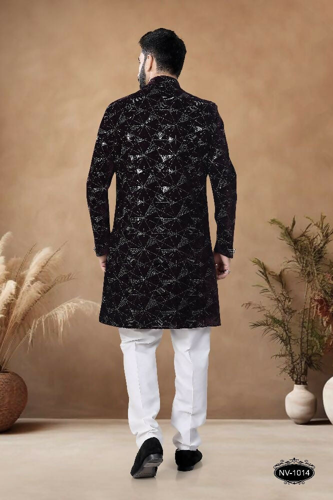 Men's Wine Velvet Indo-Western Kurta Set with Sequence Details