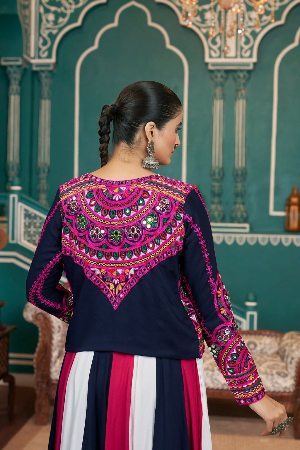 Multi-Color Viscose Rayon Navratri Lehenga Choli with Rani Pink Blouse