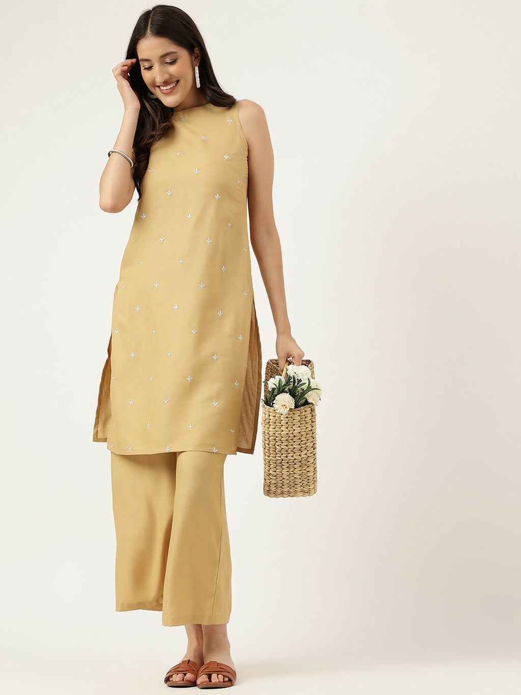 Beige Rayon Straight Kurta and Bottom Set with Embroidered Work