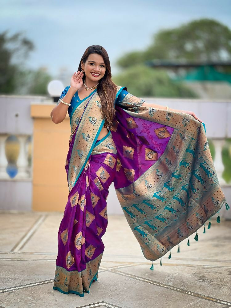 Close-up of magenta soft Banarasi silk saree with Zari weaving and Meenakari design