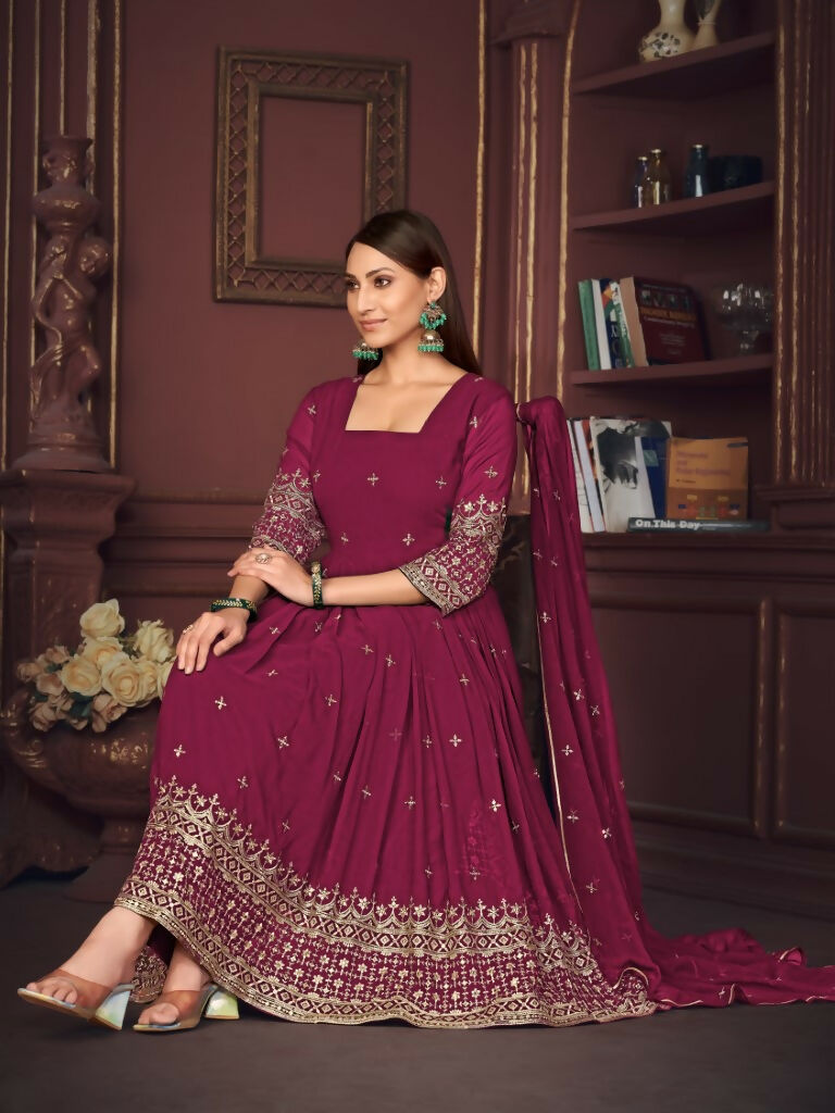 Vibrant Rani Pink Georgette Anarkali Kurta set with detailed embroidery, includes dupatta and matching pant