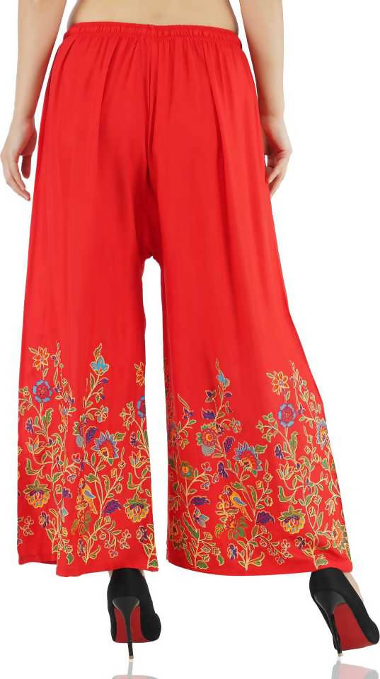 Red Floral Print Palazzo Pants - High Rise Wide Leg Bottoms