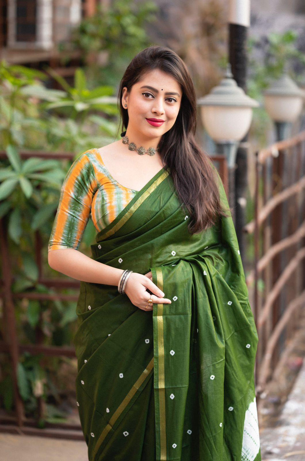 Mehndi Chanderi Cotton Block Print Saree with Unstitched Blouse