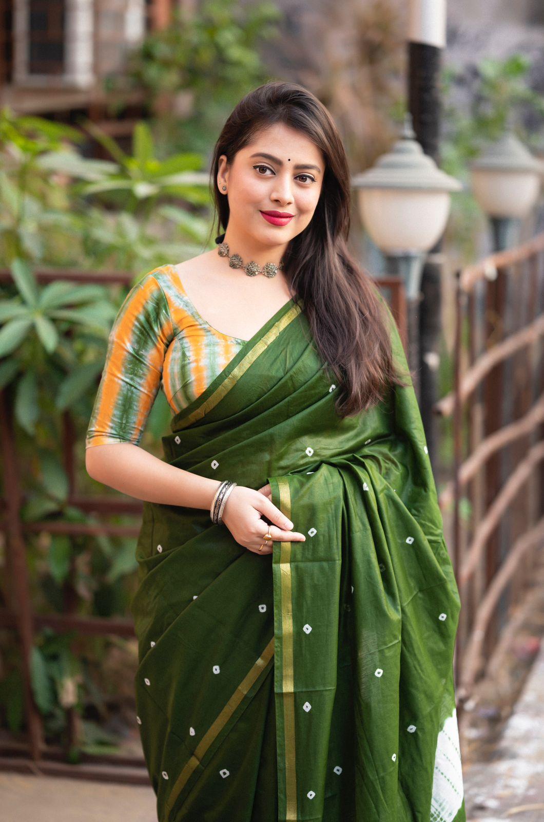 Mehndi Chanderi Cotton Block Print Saree with Unstitched Blouse