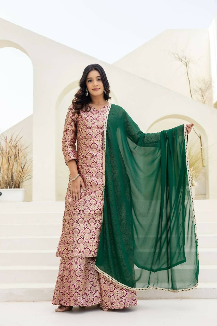 Peach jacquard embroidered kurti paired with a flared sharara