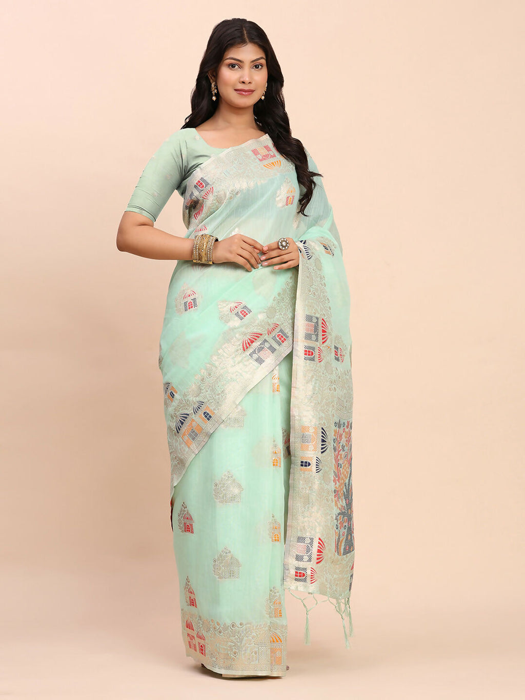 Sea Green Linen Cotton Saree with Matching Blouse Piece